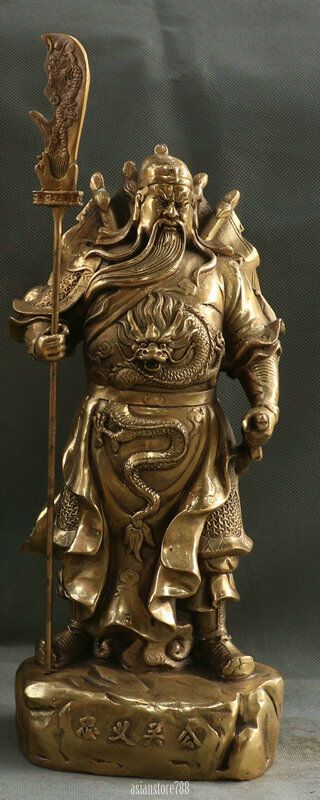12 " Chinese Bronze Guan Gong Yu Warrior God Dragon Warrior Hold Knife Sculpture