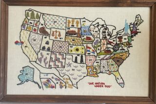 Vintage Usa Map State Flower Embroidery Embroidered Sampler Large 29 X 19 Inches