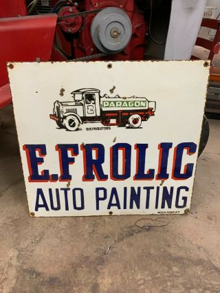 Vintage " E.  Frolic Auto Painting " Heavy Porcelain Sign,  (20 " X 18 ") Hard To Find