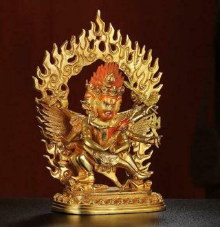 9 " Antique Tibet Tibetan Buddhist Copper Gilt Hand Painting Hayagriva Statue