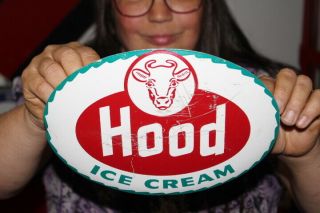 Vintage 1950s Hood Ice Cream Soda Fountain Dairy Cow Embossed Metal Gas Oil Sign