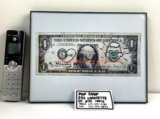 Keith Haring Signed Dollar Bill,  Self Portrait,  Pop Shop Biz Card
