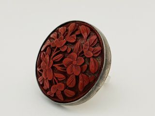 Huge Vintage Sterling Silver Chinese Carved Cinnabar Floral Statement Ring Sz 8