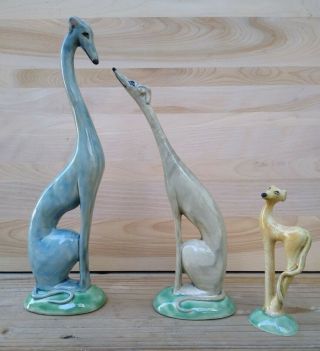 Greyhound/whippet Dogs Puppy Family Art Deco Style Figurines Stoneware 1 Of Kind