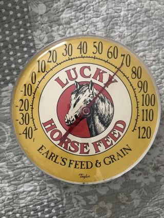 Vintage Yellow Lucky Horse Feed Earl’s Feed & Grain Taylor Thermometer Euc