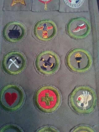 1930 - 1940 BOY SCOUT SHASH WITH SAND COLOR EAGLE SCOUT PATCH,  21 MERIT BADGES AND 3