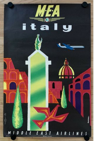 Vintage Travel Poster Middle East Airlines Italy Mea Boac Circa 1960