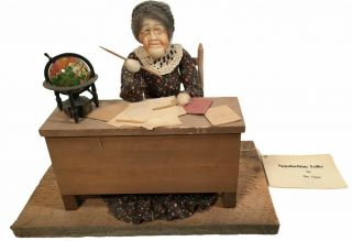 Vintage Appalachian Wood Carved Handmade Folk Art Old Woman Sitting Teacher Desk