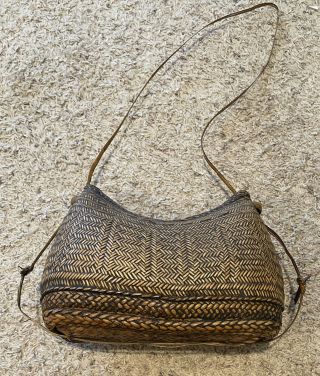 Vintage Philippine Ifugao Hand Woven Purse Basket With Lid Straps.  3 Compart