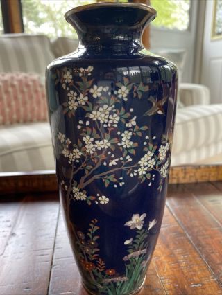 Fine Silver Wire Antique Japanese Meiji Cloisonne Vase Tree Flowers Bird