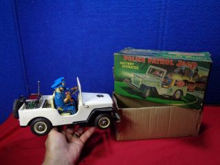 Vintage Tin Litho Toy Battery Police Jeep With Police Badge Hood & Box