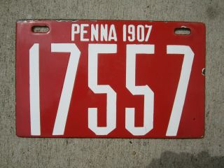 Pennsylvania 1907 Porcelain License Plate - Very Good Plus