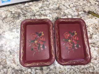 2 Pair Vintage Hand Painted Flowers Toleware Red Floral Metal Tray 6.  5” X 4.  5”