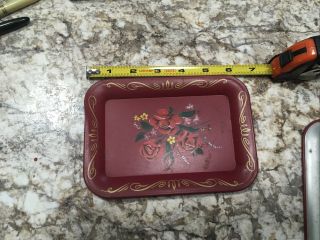 2 Pair Vintage Hand Painted Flowers Toleware Red Floral Metal Tray 6.  5” X 4.  5” 3