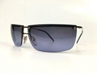 Gucci Vintage Rimless Shield Sunglasses Blue Gray Gold Wire Frame Case Italy