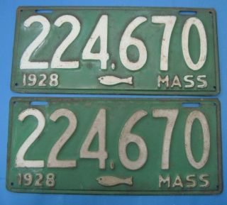 1928 Massachusetts License Plates Matched Pair With Cod Fish