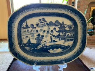Large Antique 19th Century Chinese Export Blue And White Serving Platter