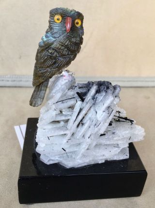 Labradorite Owl On Albite Crystal With Black Tourmaline 4 " - Peter Muller