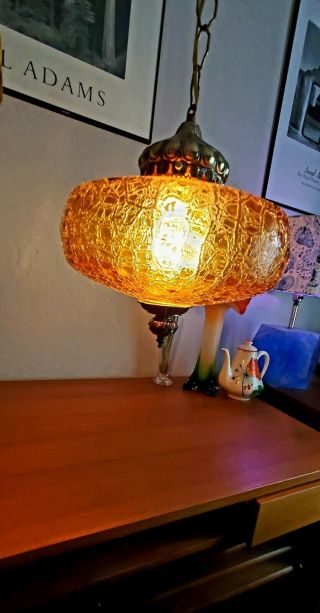 Vintage Yellow Amber Glass And Brass Swag Lamp.  Retro.  Vintage.  Mid - Century.