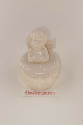 Vintage Ceramic Angel/cherub Trinket Box Mini White Tinietreasures 3.  5 " Angel