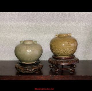 2 Strait Chinese Southeast Asia Yuan Ming Longquan Celadon Porcelain Jars
