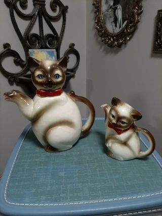 Vintage Ceramic Siamese Cat Teapot And Creamer Japanese Kasuga Ware