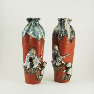 Ishiguro Koko Red Japanese Sumida Gawa Ceramic Vases 10” Tall /g