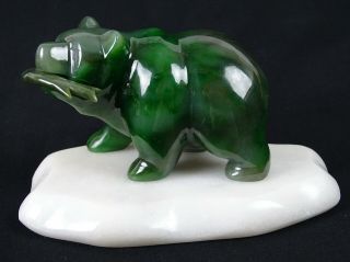 North American Inuit Indian Jade Carving Of A Brown Bear Fishing On Marble Stand