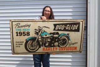 Large Vintage Harley Davidson Motorcycle The 1958 Duo - Glide 48 " Metal Sign