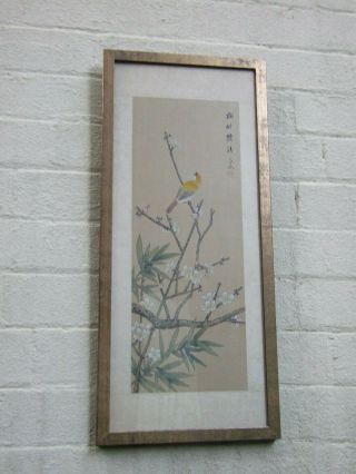 Antique Oriental Chinese Watercolour On Silk Painting Bird Floral Signed Art