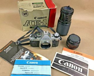 Canon Ae - 1 Slr Camera Body Two Lenses Vivitar Box Instructions Parts Vintage