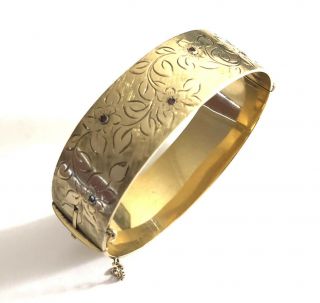 Vintage 9 Ct Gold Metal Core Heavy Bangle,  Engraved,  Red Stone,  51.  4 Grams