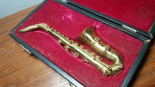 Vtg Authentic Models Handmade In Solid Brass Miniature Saxophone In Display Case
