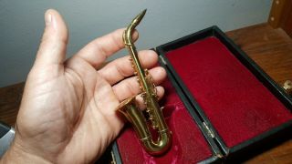 Vtg Authentic Models Handmade in Solid Brass Miniature Saxophone in Display Case 3