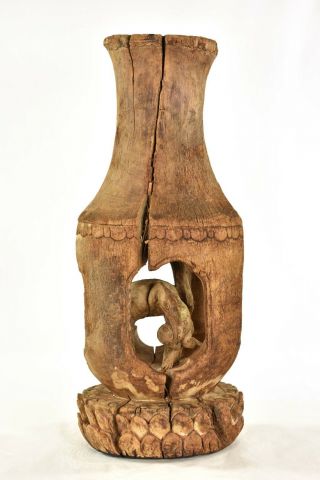 Antique Chinese Wooden Carving Of A Vase W A Crane & Frog,  Qing Dynasty,  19th C
