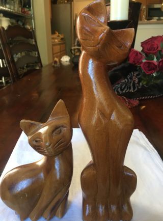 Vintage Pair Hand Carved Wooden Siamese Cats