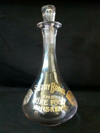 Vtg Sunny Brook " Pure Food " Whiskey Crystal Glass Decanter Orig Stopper Bottle
