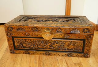 Vintage Hand Carved Chinese Camphor Wood Trunk Asian Box Birds