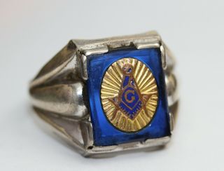 Sterling Silver Blue Masonic Ring - 1950s Vintage - Mason - Size 10 -