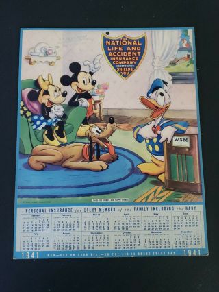 1941 Disney National Life And Accident Insurance Calendar Rare Mickey Mouse Vtg