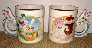 2 Vintage Bunny Rabbit Cups Mugs W/ Bunny Face Decorative Handles Easter Mugs