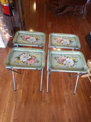 Vintage Metal Tv Trays With Stands,  Caddy Green W/ Flowers.  Shabby Chic Set Of 4