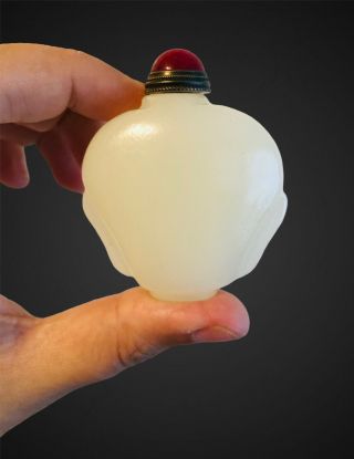 Chinese White Jade Snuff Bottle,  Hand Carved With Red Stone Spoon Top