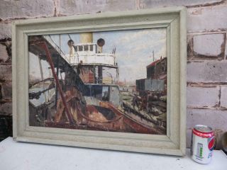 Really Old Painting Oil Port Dock Sea Dockers Signed