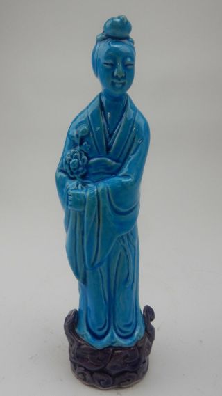 Large Antique Chinese Blue Glazed Statue Of Guan - Yin 10 Inches