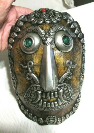 Vtg Ceremonial Tibetan African Turtle Shell Kapala Mask Silver Metal Skull Accen