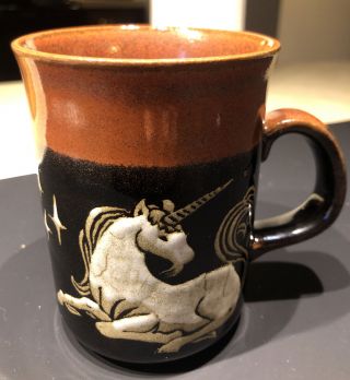 Vintage Hand Crafted Stoneware Mug Black To Brown Ombre Glaze With White Unicorn