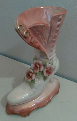Vintage Pink White Floral Victorian Shoe Boot High Heel Porcelain Ceramic Vase