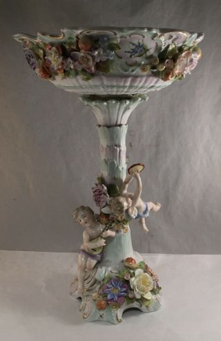 Vintage Sitzendorf Dresden Art Porcelain Centerpiece Compote W/ Cherubs Puti