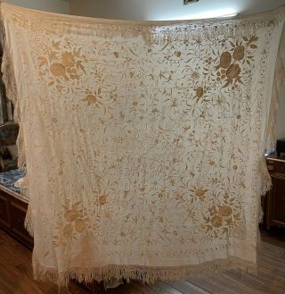 Antique Chinese Hand Embroidery Pure Silk Piano Shawl 155 X 155 Fringe 10 Cm